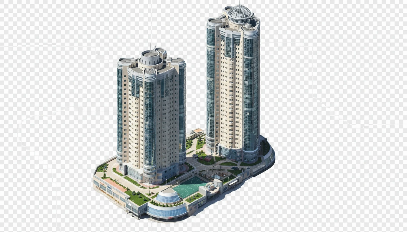 Изометричная, яркая, детализированная, объемная и фотореалистичная отдельная иллюстрация одной башни «Ладья-2» в Самаре. Чёткие контуры, не размазанные линии, высокое качество, прозрачный фон, не обрезать края картинки emoji