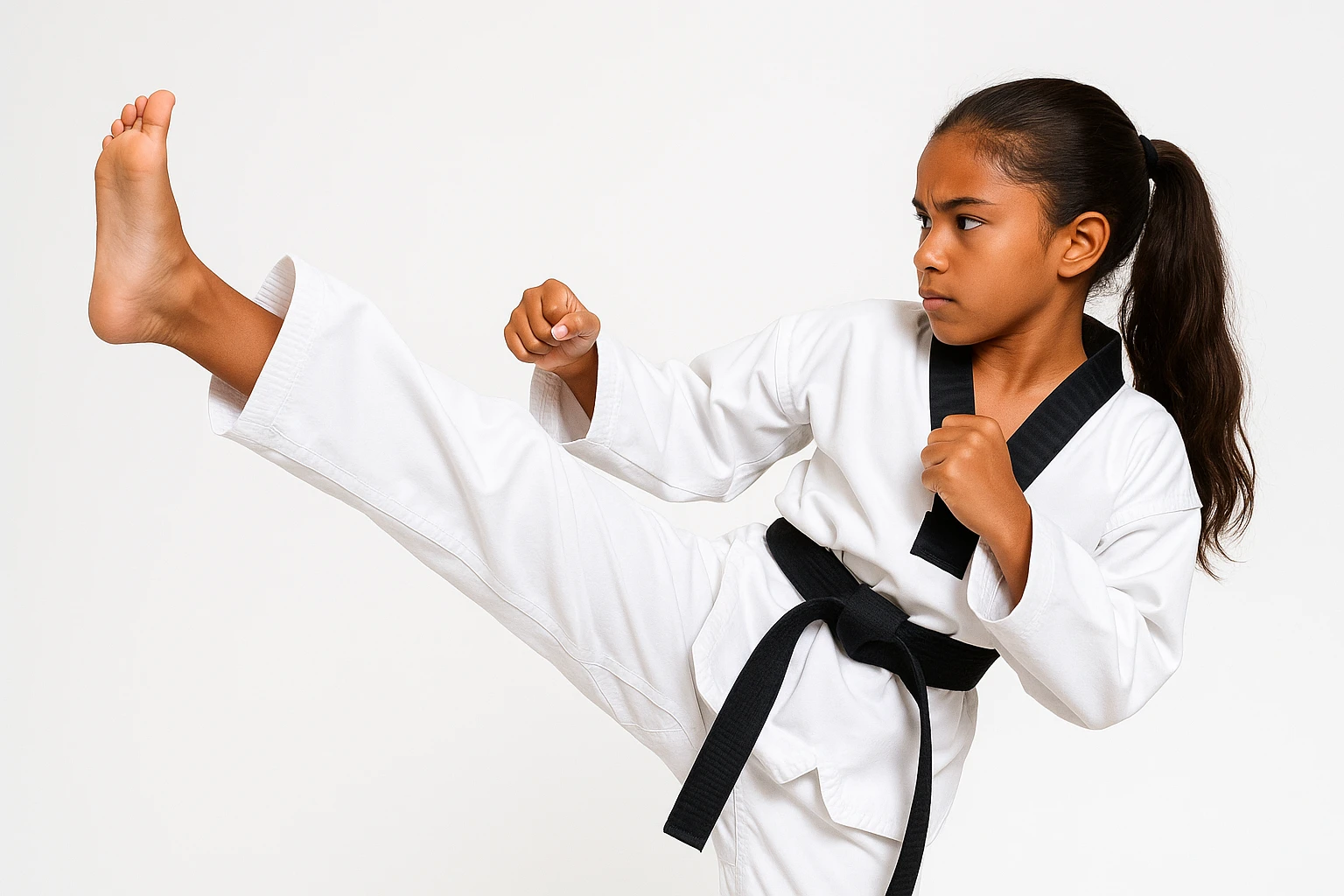 brown-skinned girl with brown hair in a ponytail executing a taekwondo side kick, focused face, white dobok, clean background emoji