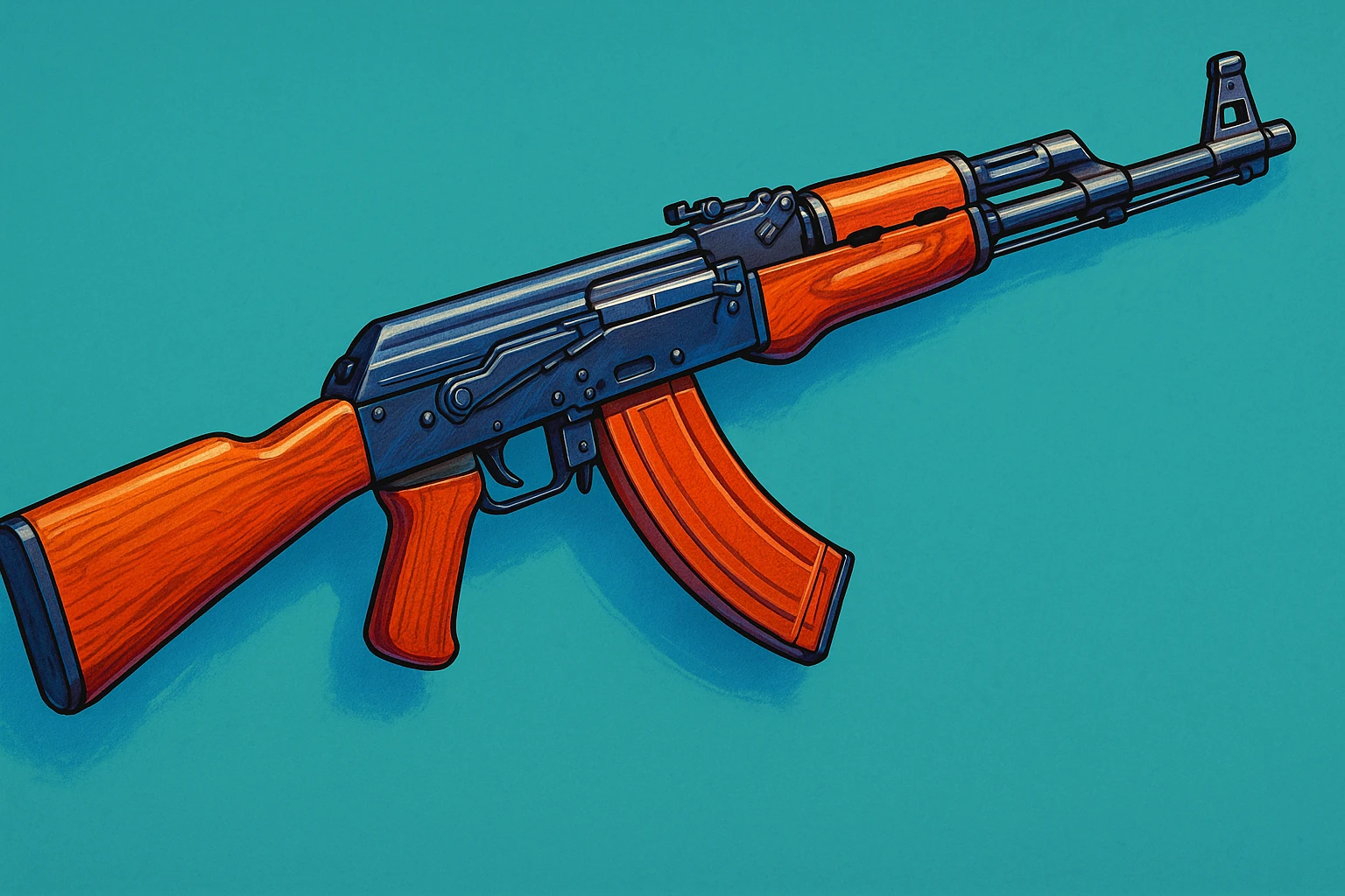 Сгенерируй мне АК 47 в чуть рисованном стиле, ярко объемно и красочно! на однородном фоне emoji