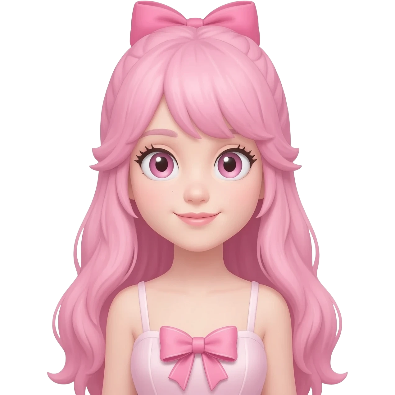 Long pastel pink hair tied with a bow, wearing a sexy dress with a bow on the chest, and very fair emoji
