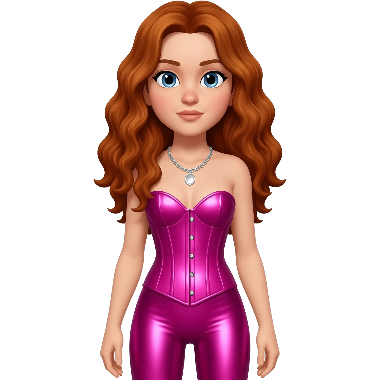 Chappell Roan with blue eyes, long auburn wavy hair, fuchsia metallic corset, fuchsia metallic leggings, silver necklace emoji