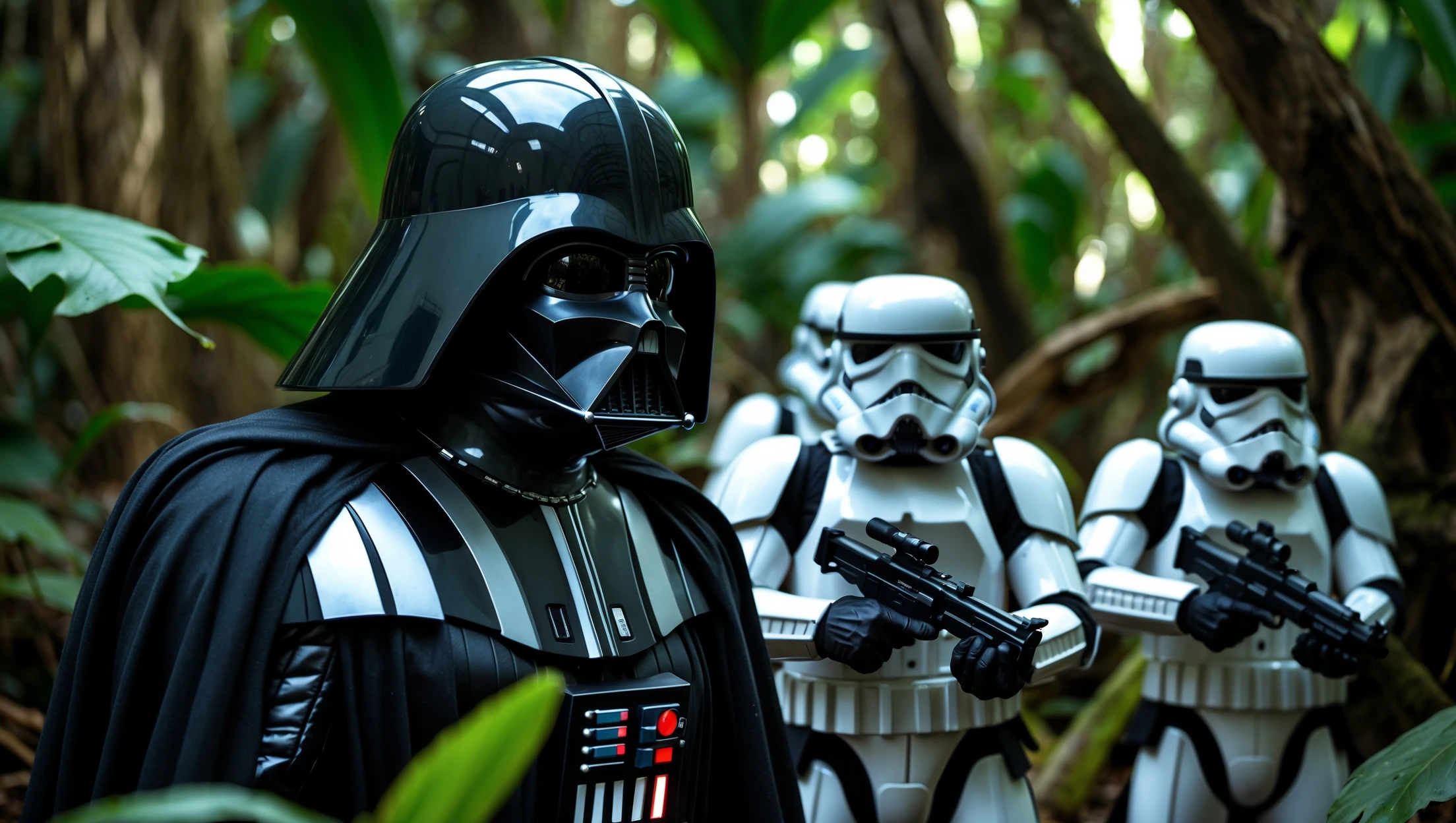 cinematic still, Closeup shot, amazon jungle, Darth Vader around stormtroopers is exploring the jungle, captured by arri alexa emoji