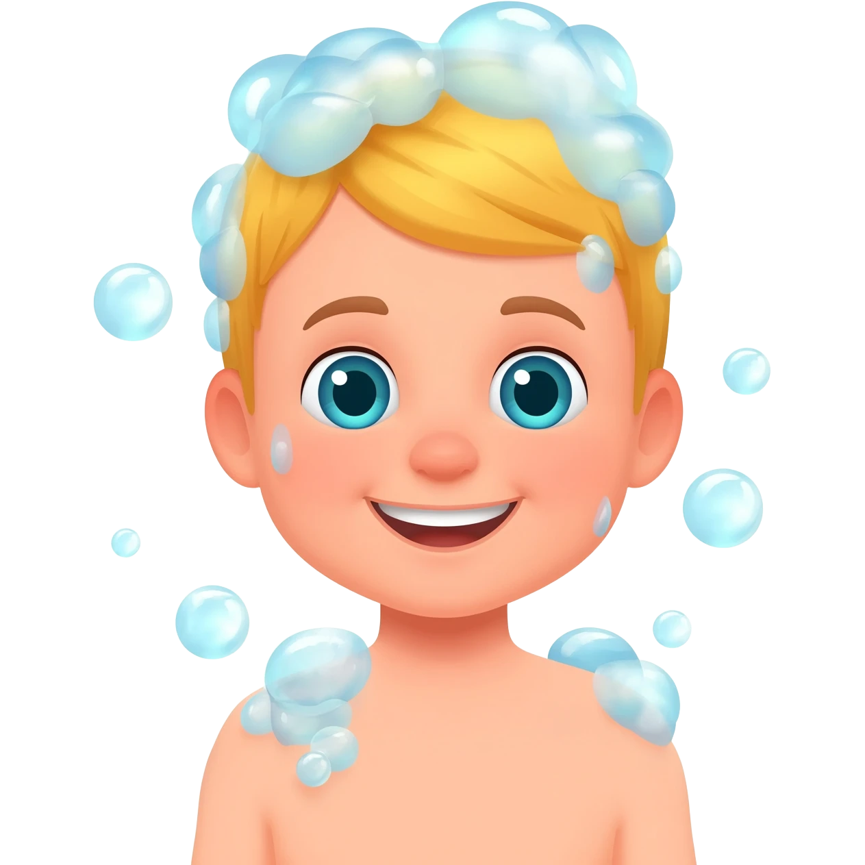 Create an emoji of a blonde 3 year old happy boy with blue-greenish eyes taking a shower and add bubbles emoji