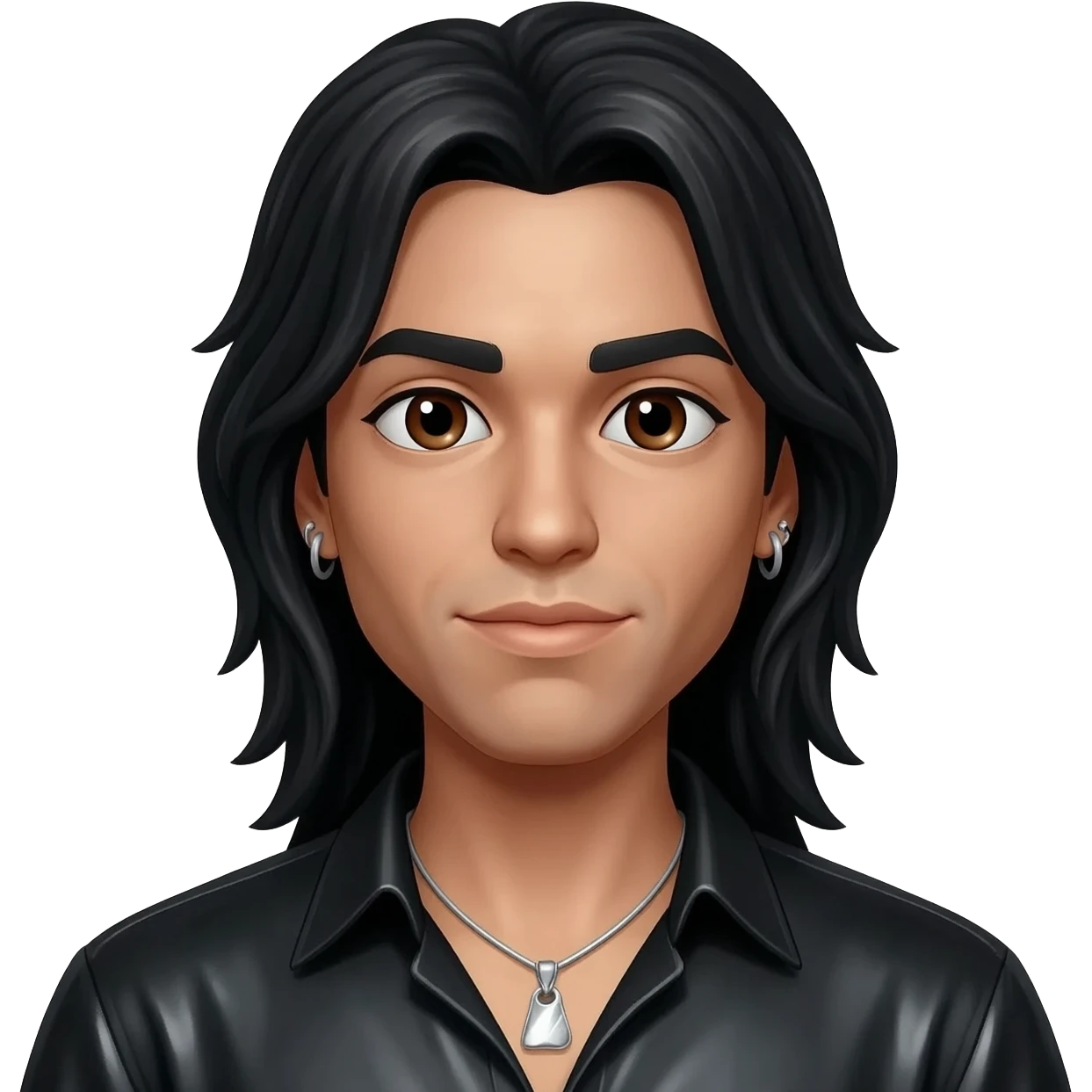 Bizzy Bone with dark brown eyes, long black hair, black metallic shirt, silver necklace and short earrings emoji