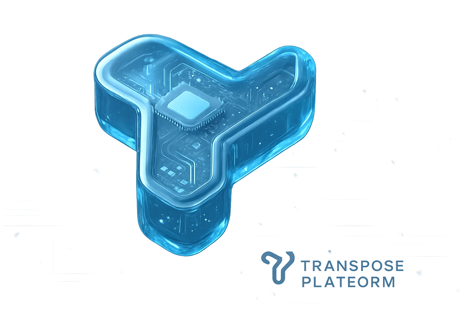 Add the Transpose Platform logo and text as a subtle watermark in the corner of the blue, circuit-patterned 3.5:1 background. The watermark should be low opacity and not distract from the overall futuristic, high-tech design. emoji