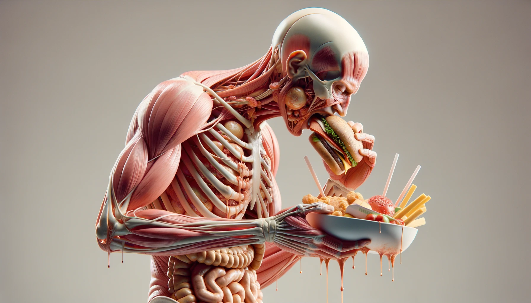 CORPO UMANO ANATOMICO CHE MANGIA FAST FOOD E STA MALE, SFONDO NEUTRO CHIARO, IPERREALISTICO 4K emoji