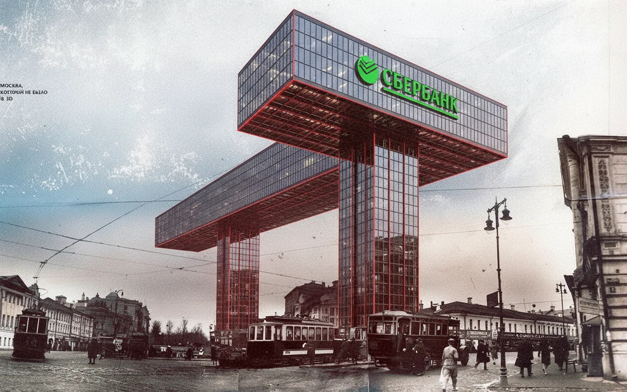 Стилизуй этот горизонтальный небоскреб под Москва-Сити с небольшим красным свечением-подсветкой. Сделай его 2 стойки более высокими, а верхнюю горизонтальную часть - длиннее. Добавь на нее логотип Сбера

Прозрачный фон emoji