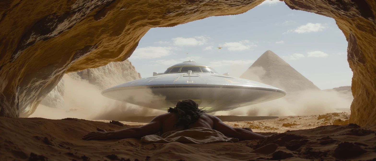 cinematic still, documentary photography, acient egypt, back shot of a man dress in ancient clothes in cave (frame in frame effect) on ground laying front of small ufo starship, sand flying around, palms, dynamic scane, leading lines, captured by arri alexa, depth layers, piramids in babckground emoji