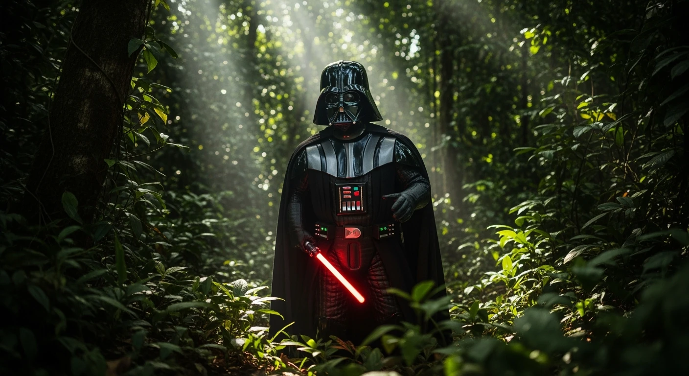 cinematic still, documentary photography, amazon jungle, well lit scene, Darth Vader is exploring the jungle, close up, front shot, rule of thirds emoji