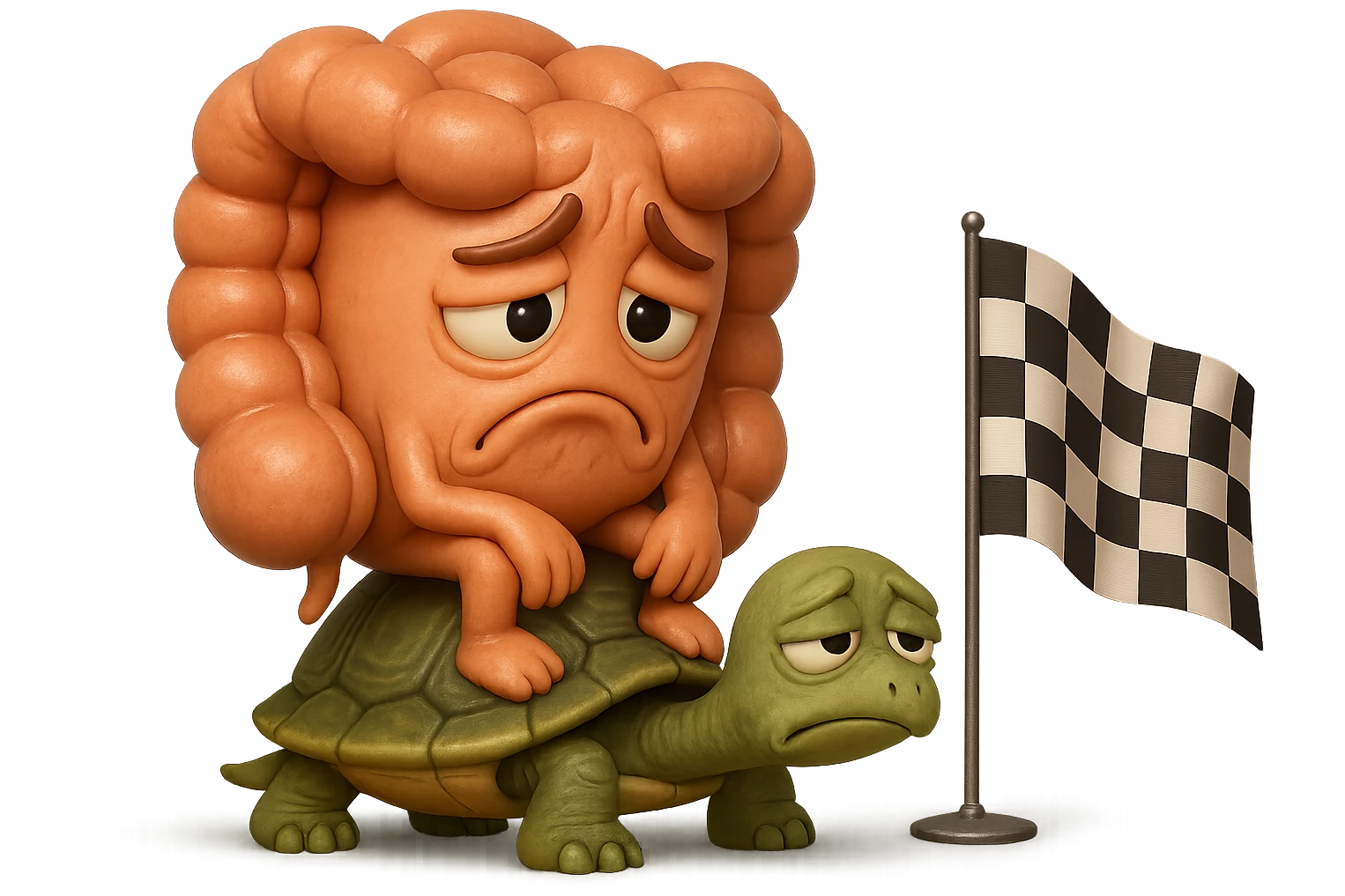  EMOJI STILE IPHONE 3D DI UN INTESTINO CON ESPRESSIONE ANGOSCIATA CHE CAMMINA SEDUTO IN GROPPA SUL GUSCIO DI UNA TARTARUGA IN ATTESA ESTENUANTE DI RAGGIUNGERE UN TRAGUARDO POCO PIù AVANTI, SULLA LORO DESTRA. IL TRAGUARDO è UNA BANDIERA A DUE PIEDI CON FASCIA A SCACCHI BIANCHI E NERI. iperrealistico 4k emoji