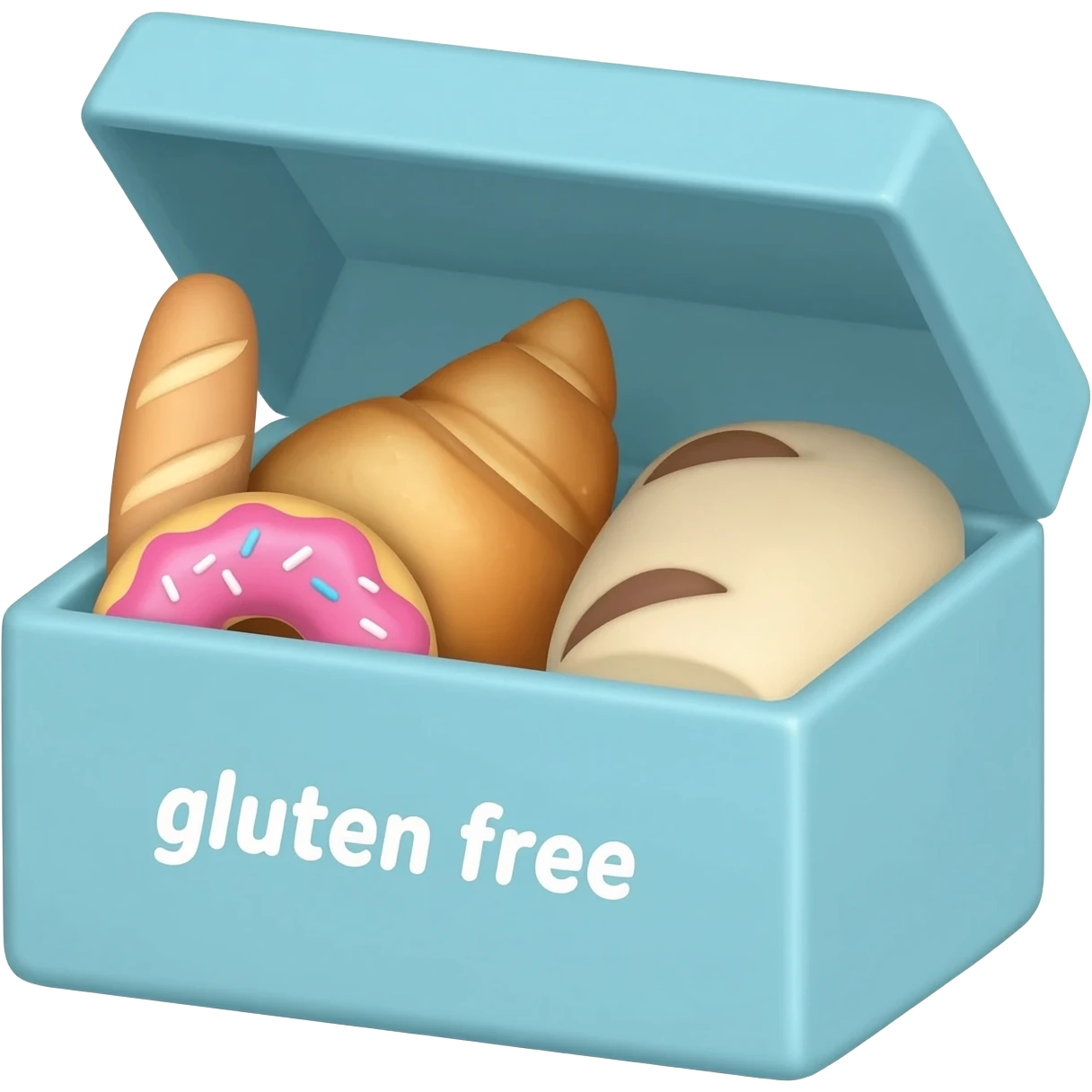 Kawaii open blue bread box filled with baguette, croissant, pink donut, white bread roll. "gluten free" text on front. Thick outline, flat cartoon sticker style, pastel blue, white background. emoji
