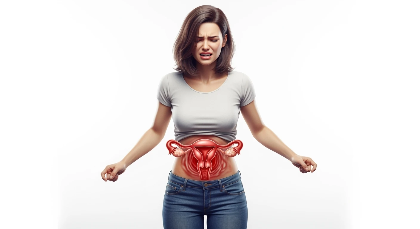 donna a figura intera con utero umano realistico in 3d in evidenza dolorante, espressione di dolore in volto, sfondo bianco, non farla computerizzata, ma iperrealistica 4k, sfondo bianco emoji