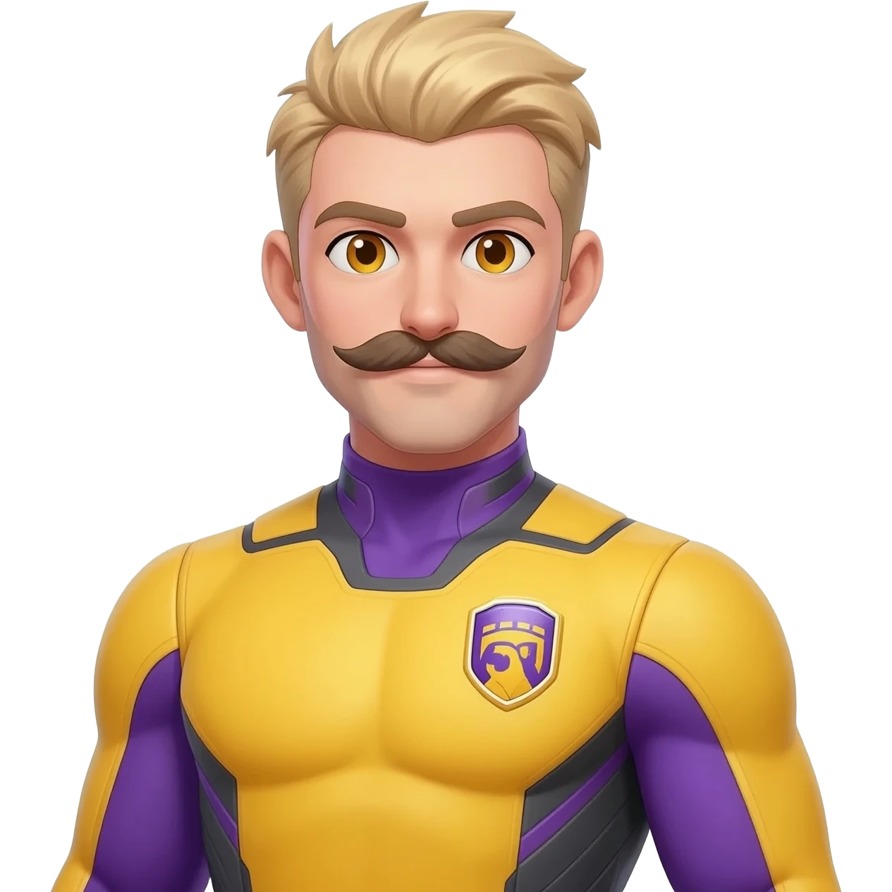 anime style male avatar portrait, athletic build, light blond hair, large thick mustache, confident friendly expression, golden brown eyes, yellow and purple futuristic uniform with team badge, clean lines, bright colors, simple background, soft lighting, high detail emoji