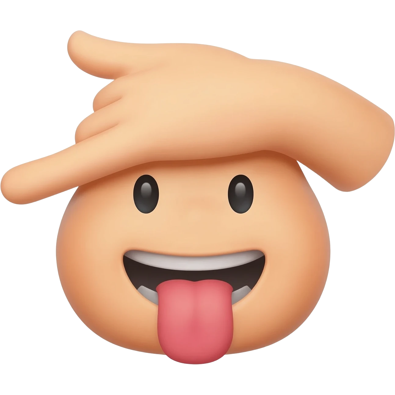 Make an emoji in the iPhone style as a smile, smiley face with a tongue out, holding his hand to his forehead in the shape of an L emoji