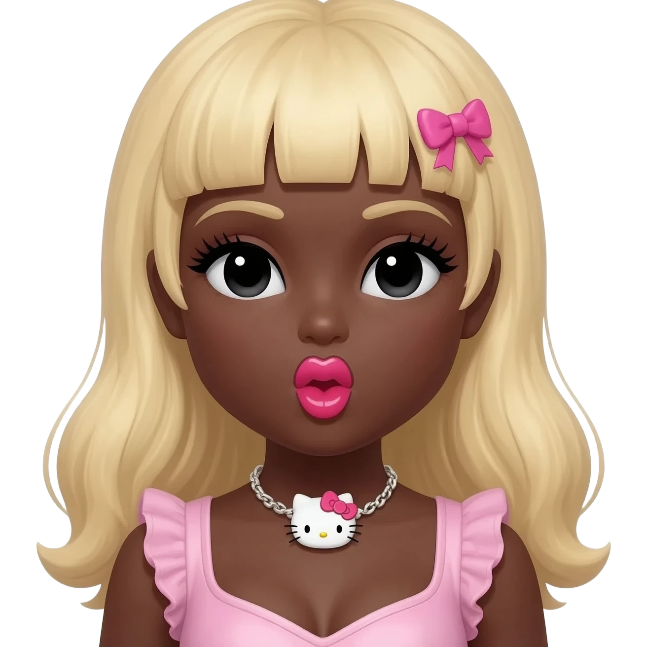 heart shaped lips, cute glossy lips, doll eyes with long lashes, dark brown skin, blonde hair, big chest, hello kitty necklace, one bow clip, bimbocore outfit emoji