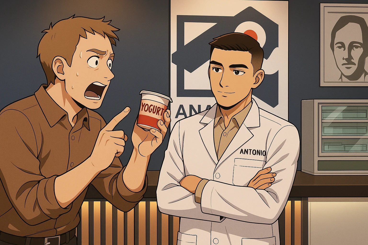 fai un webtoon manga a colori con questo stile, in cui un uomo chiede al kinesiologo con il camice bianco (fagli anche la scritta "ANTONIO ANANIA" SUL CAMICE, una domanda e il kinesiologo gli risponde, L'UOMO INDICA LO YOGURT CHE HA IN MANO ED è MOLTO ALLARMATO NEL FARE LA DOMANDA. non fare i fumetti però, fai solo in modo che sembri stiano parlando emoji