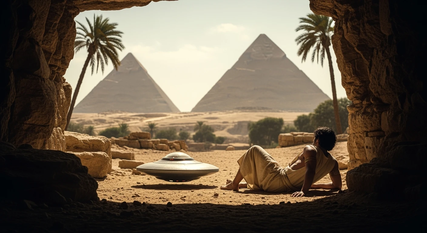 cinematic still, documentary photography, acient egypt, back shot of a man dress in ancient clothes in cave on ground laying front of small ufo starship, palms, dynamic scane, leading lines, captured by arri alexa, depth layers, piramids in babckground emoji