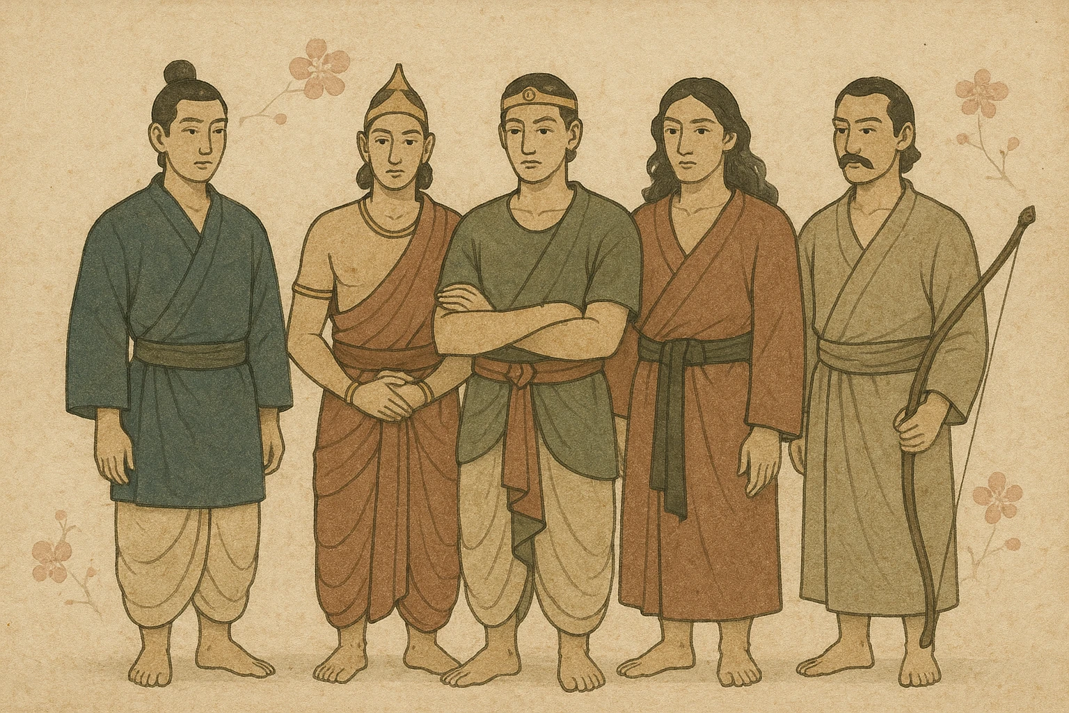 Pach Pandav, the five Pandava brothers, illustrated in a traditional Indian art style, standing side by side, each with their signature look emoji