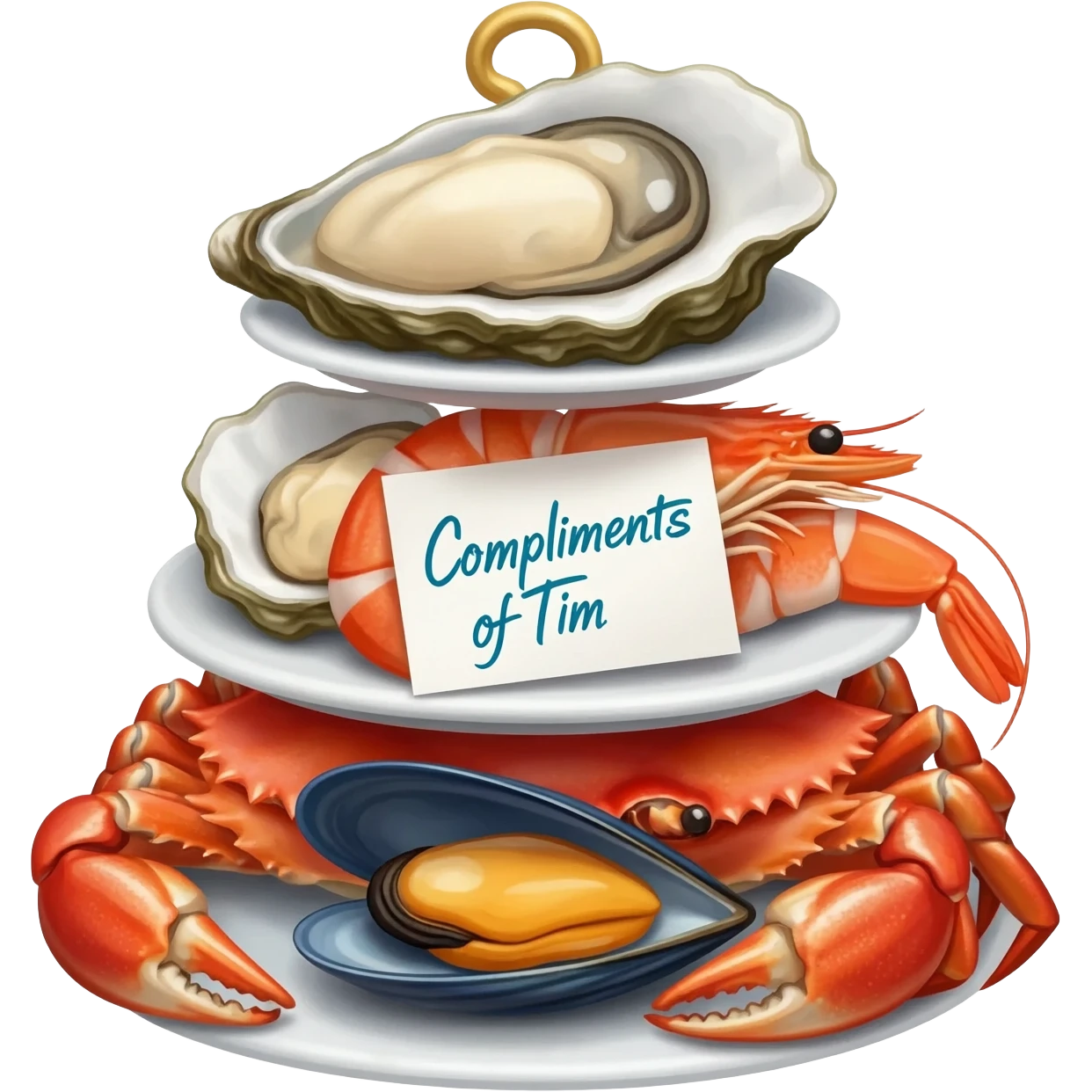 seafood tower with the words "Compliments of Tim" emoji