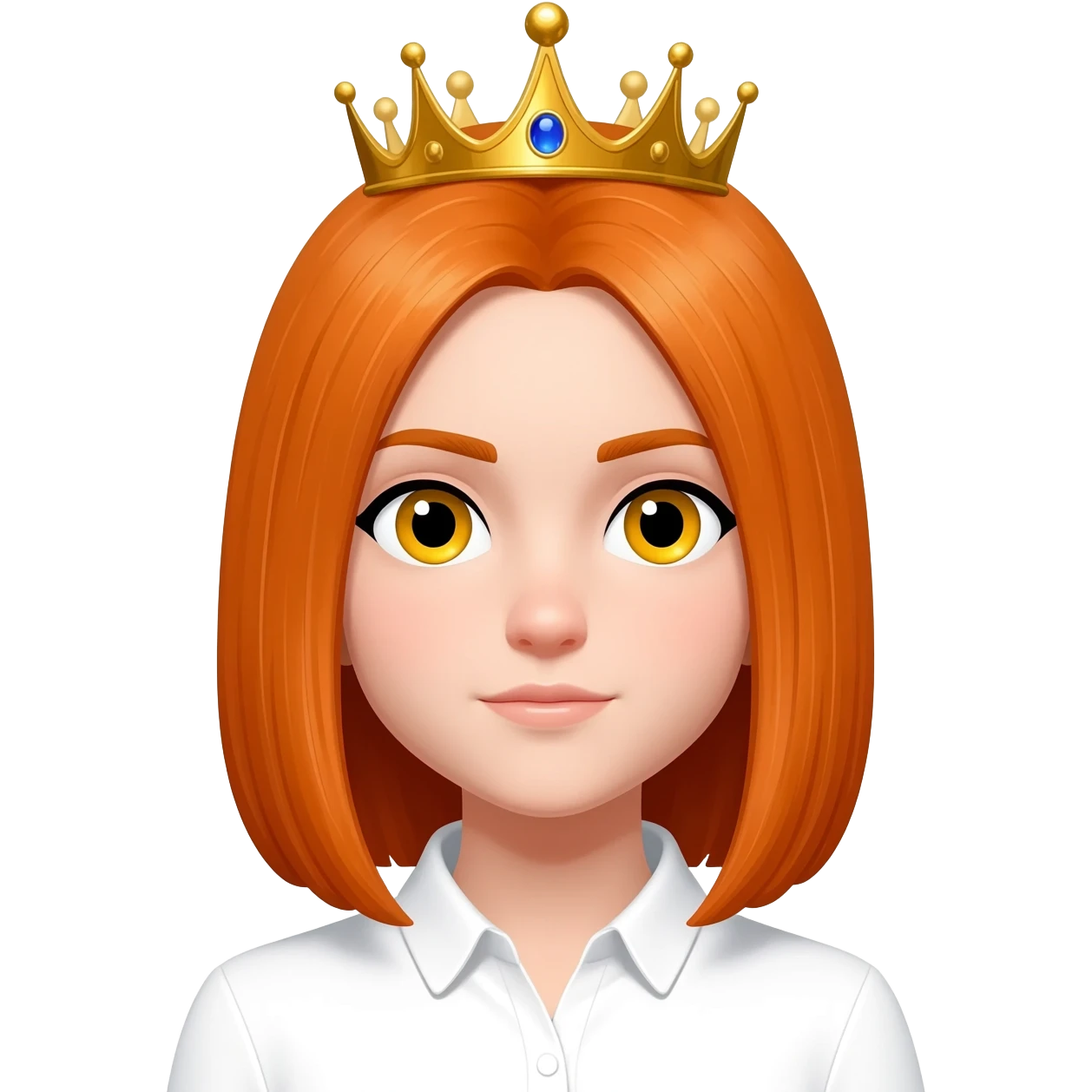 White girl with orange straight hair and yellow eyes with a crown on her head and a white shirt on emoji