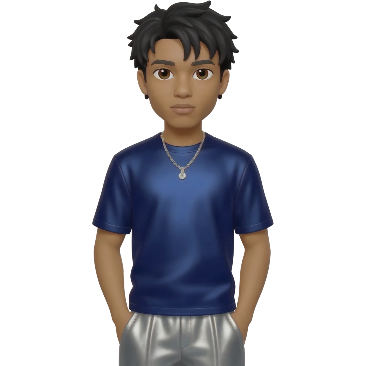Drake with dark brown eyes, black short hair, navy blue metallic t-shirt, gray metallic baggy pants, silver necklace emoji