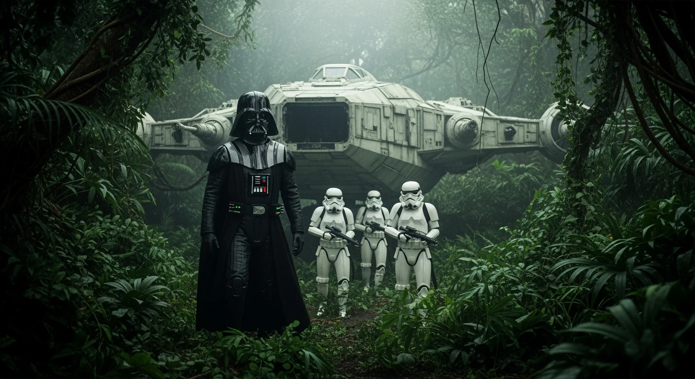 cinematic still, Closeup shot, amazon jungle, Darth Vader around stormtroopers coming out from starship on ground, they are exploring the jungle, inspired by StarWars movie, captured by arri alexa emoji
