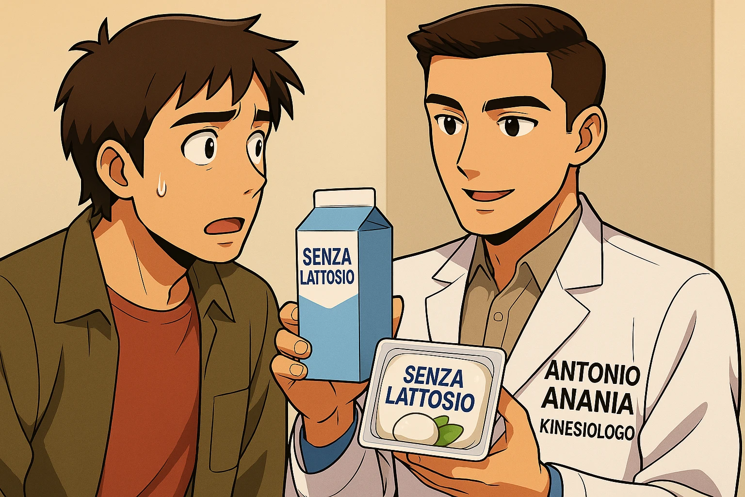 fai un webtoon manga a colori con questo stile, in cui un uomo ASCOLTA Il kinesiologo con il camice bianco (fagli anche la scritta "ANTONIO ANANIA" SUL CAMICE, IL KINESIOLOGO SPIEGA ALL'UOMO UNA MOSTRANDO VARI PRODOTTI DA SUPERMERCATO CONFEZIONATI (TIPO SCATOLA DI LATTE SENZA LATTOSIO, MOZZARELLA SENZA LATTOSIO), OGNI CONFEZIONE HA LA SCRITTA "SENZA LATTOSIO SULL'ETICHETTA. L'UOMO OSSERVA IL KINESIOLOGO CON ESPRESSIONE CONFUSA IN VOLTO. non fare i fumetti però, fai solo in modo che sembri stiano parlando emoji