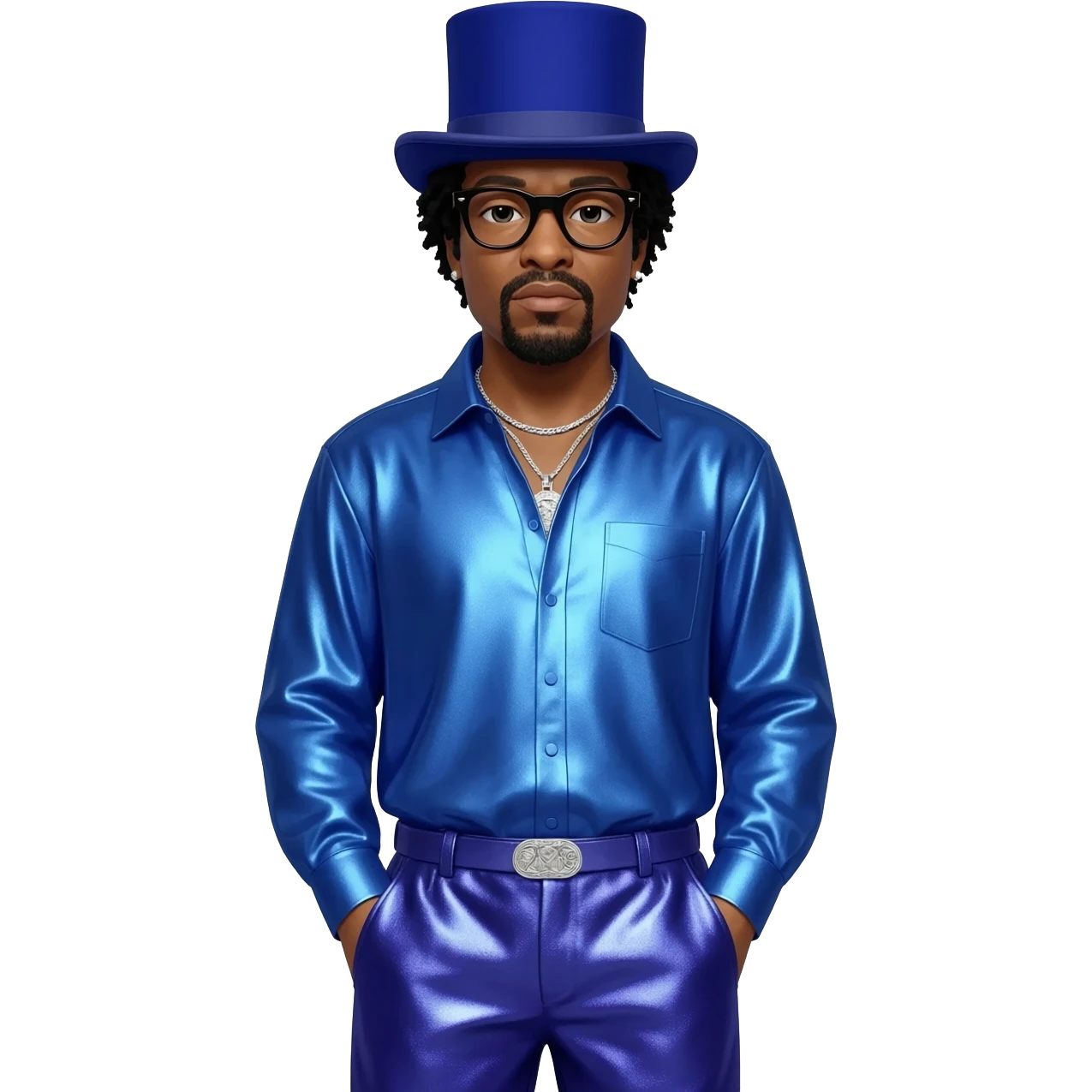 Flavor Flav with black hair, indigo top hat, black glasses, indigo metallic shirt, indigo metallic baggy pants, silver necklace emoji