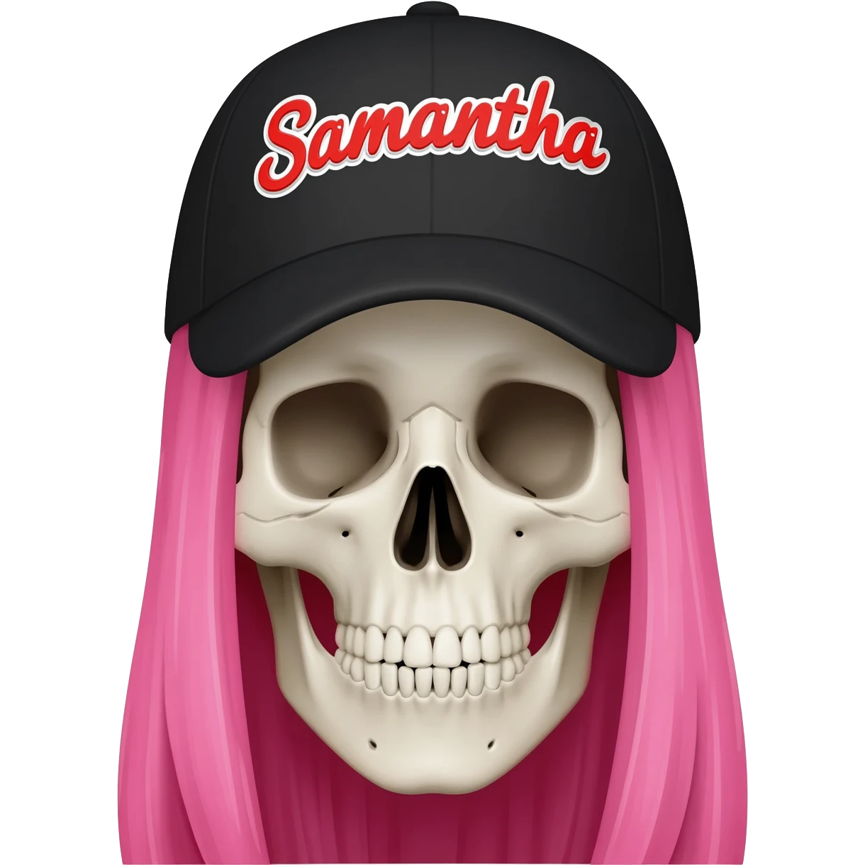 Create a skeleton head wearing a black baseball cap that says " Samantha " in Red, and white lettering, with long pink hair emoji