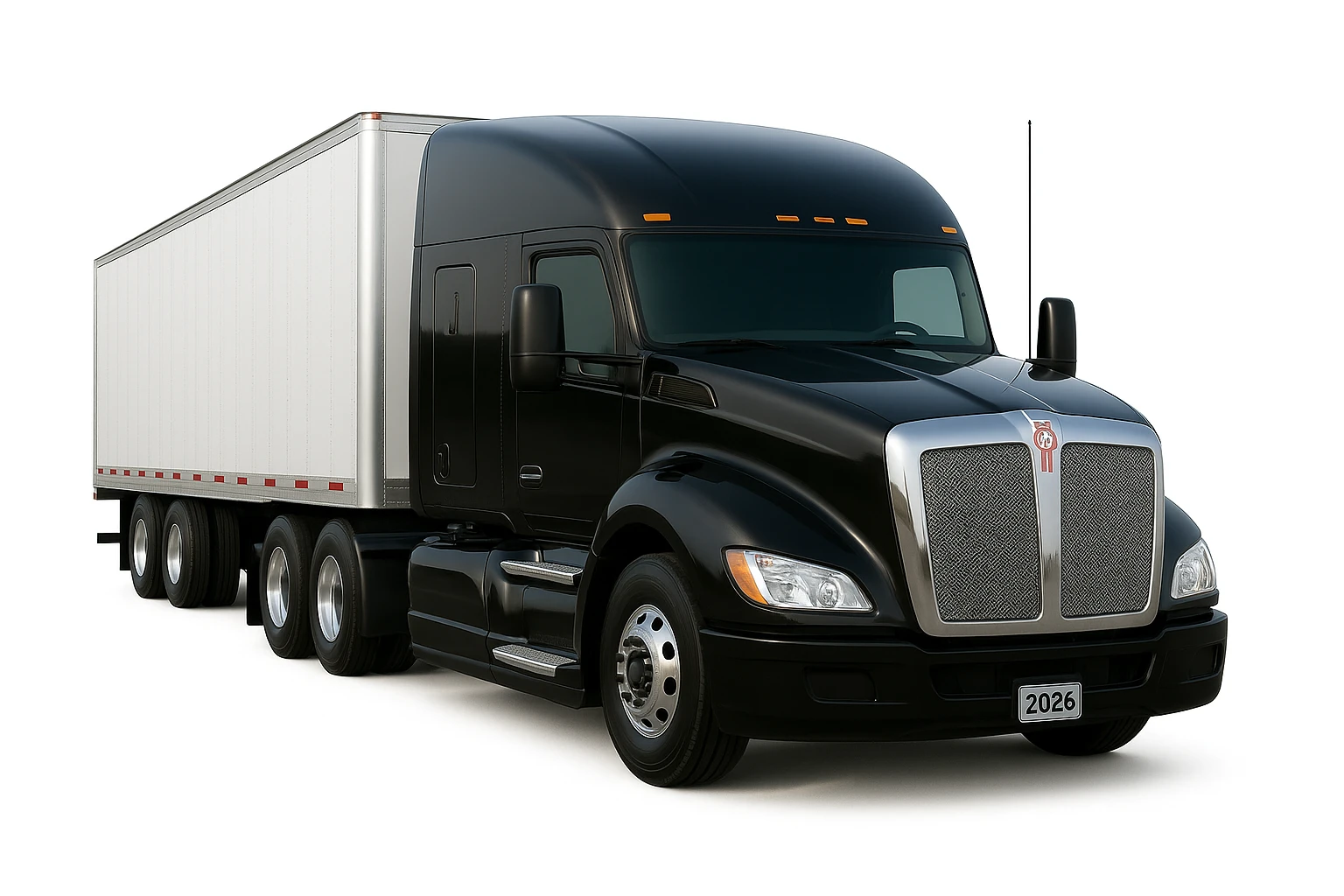 Increase realism to the maximum for this 2026 Kenworth T680 Flat Top semi sleeper, with lifelike details, accurate lighting, chrome, and paint reflections, no air filters, flat top sleeper cab prominent, no background. Render in ultra-realistic photographic style with perfect lighting and detailed chrome and paint reflections, no background. emoji