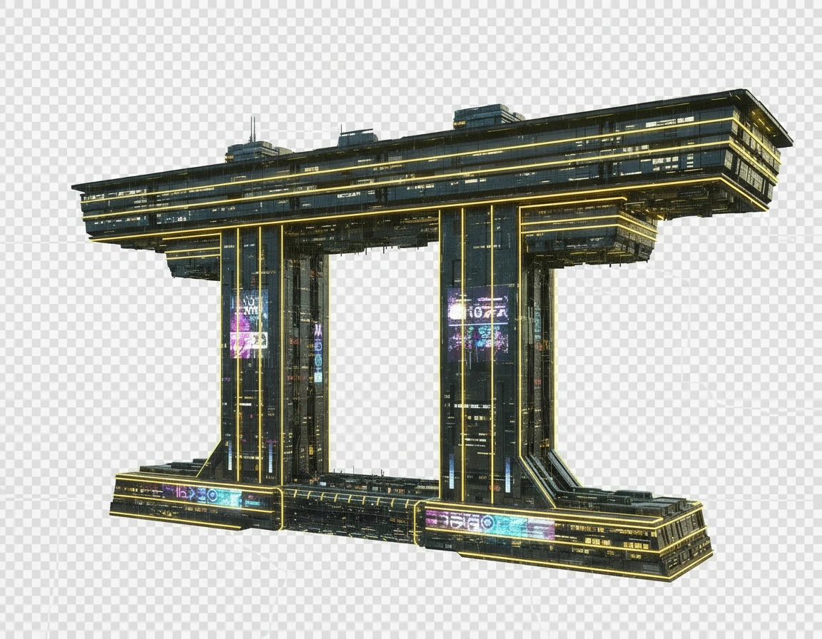 Убери все лишнее, оставь только само здание. Сделай в 2 раза больше ширину между 2 стойками, а нижнее основание убери. 

Фотореализм. Прозрачный фон emoji