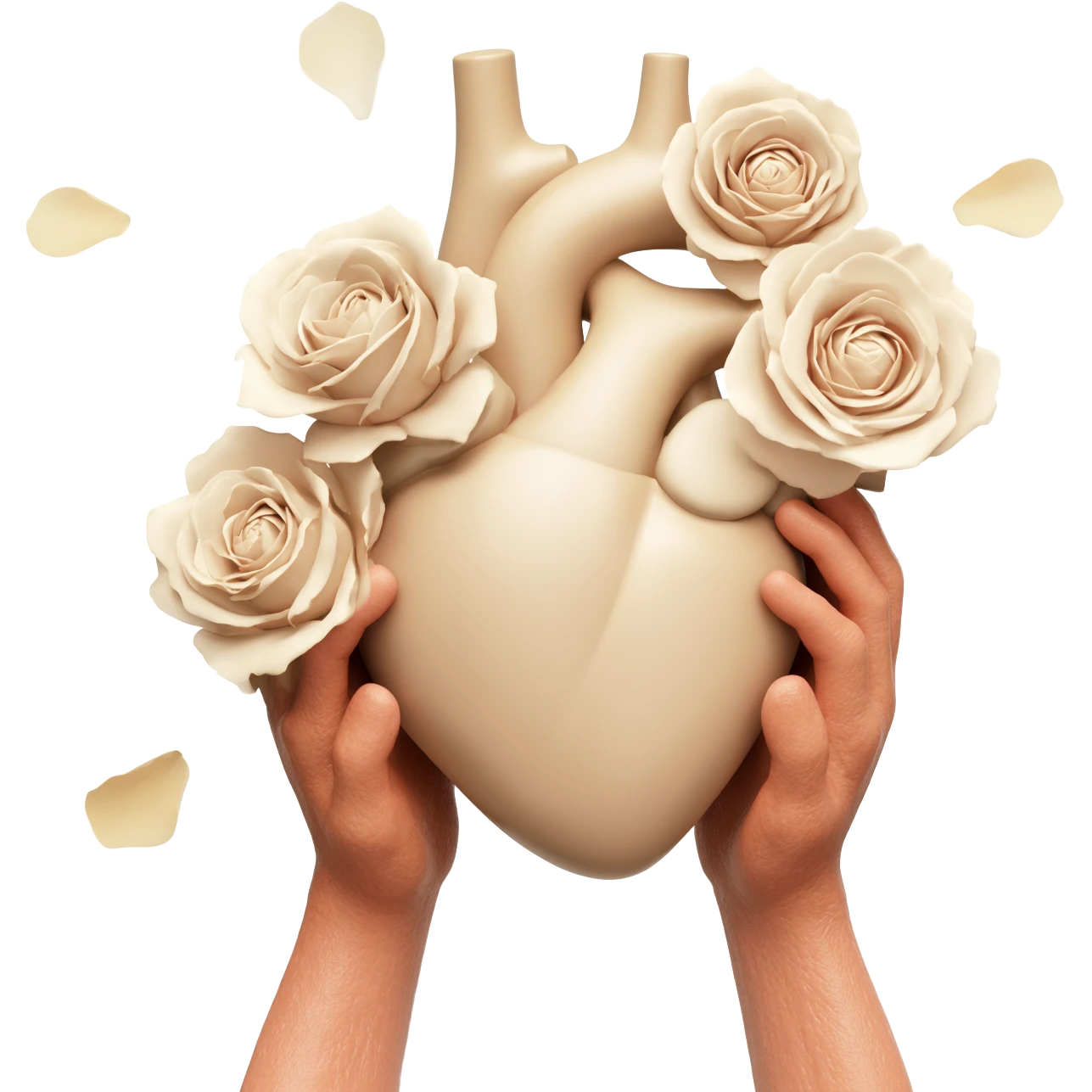 hands holding realistic light beige human heart with beige flowers emoji
