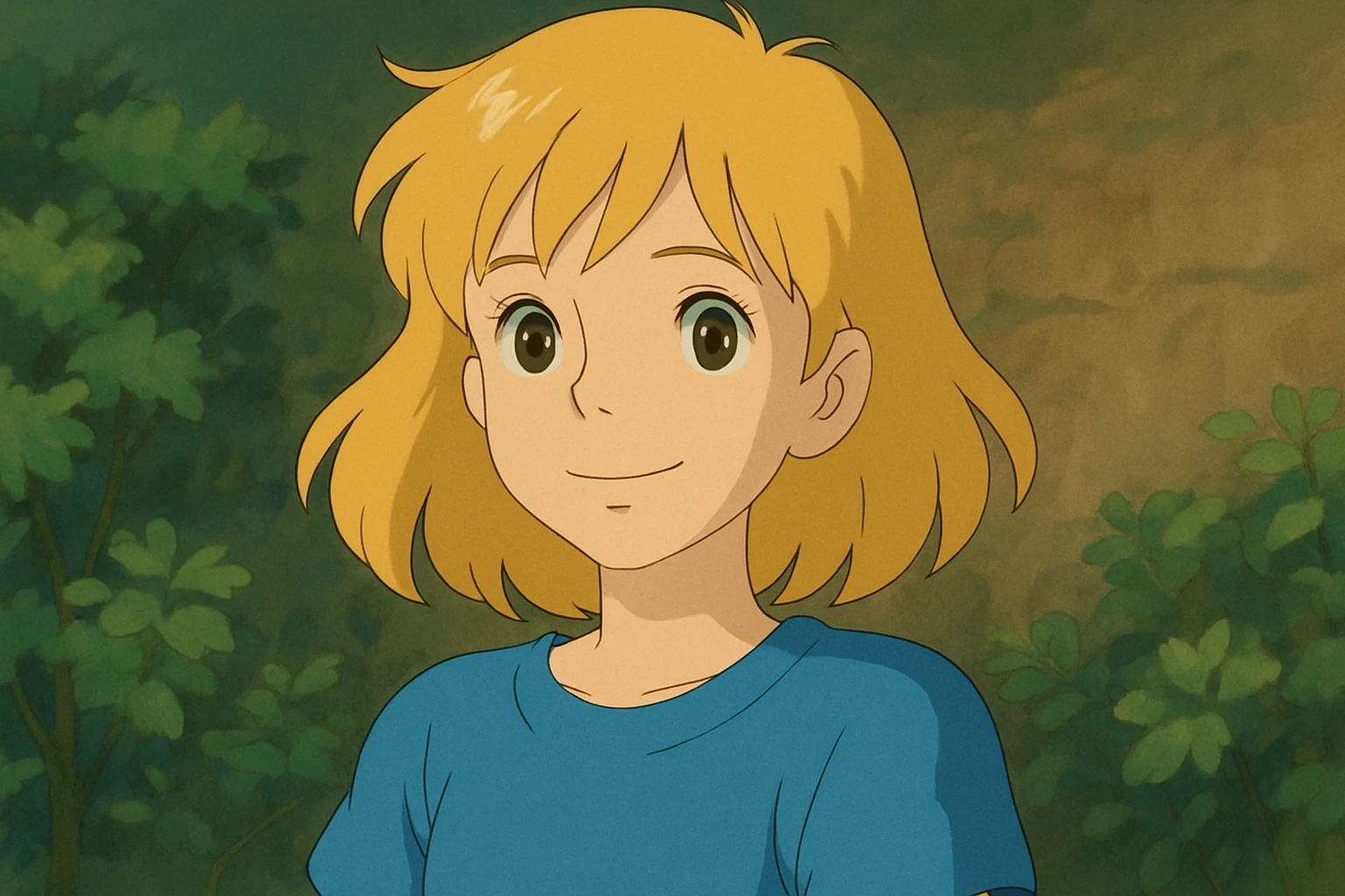 A girl yellow hair brown eyes blue t-shirt  emoji