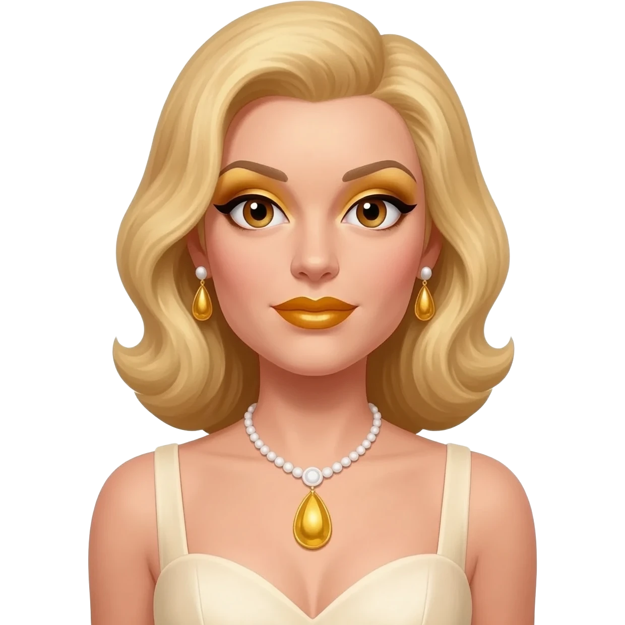 Honey Ryder from James Bond Series with hazel eyes, blonde hair, gold eyeshadow and lipstick, ivory sweetheart dress, ivory necklace and earrings emoji
