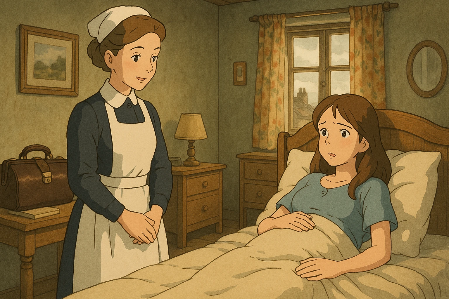 A british midwife from the 1940s standing at the bedside of a pregnant young mother who is about to give birth.  The room is from the 1940s and the midwife has her medical bag on a table on the side. emoji