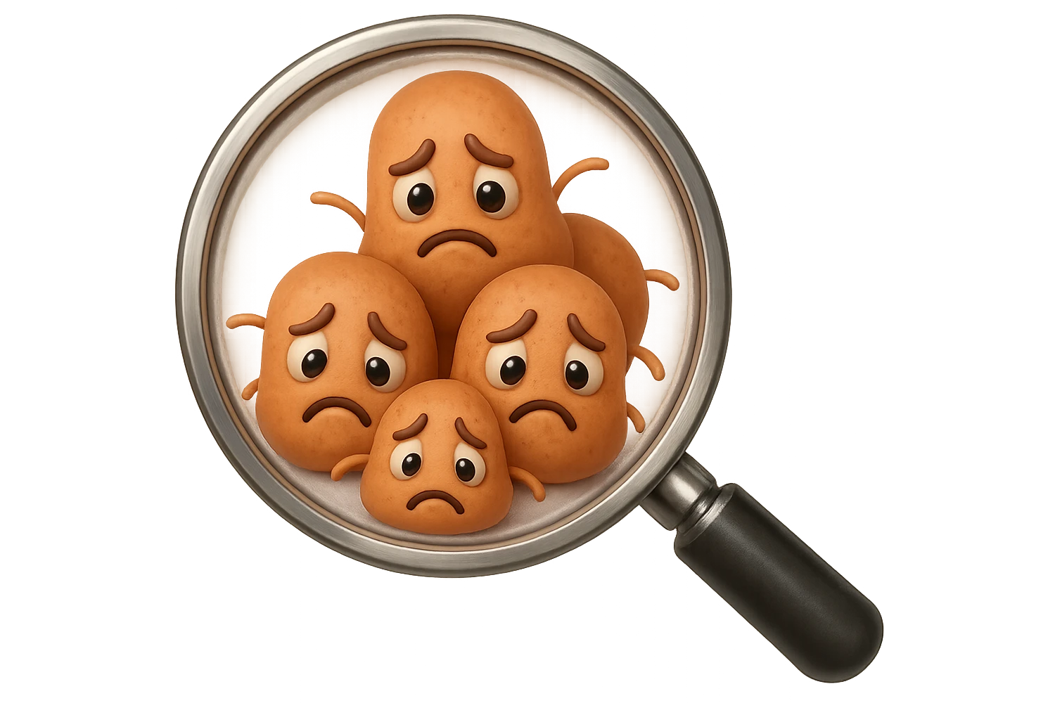 EMOJI STILE IPHONE DI una lente di ingrandimento che inquadra un cumulo di batteri intestinali tristi, IPERREALISTICO 4K emoji
