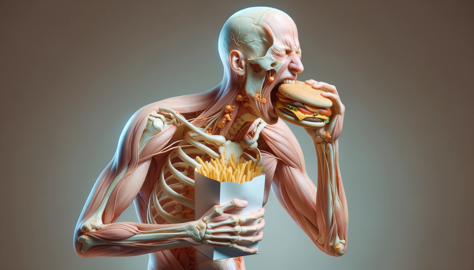 CORPO UMANO ANATOMICO CHE MANGIA FAST FOOD E STA MALE, SFONDO NEUTRO CHIARO, IPERREALISTICO 4K emoji