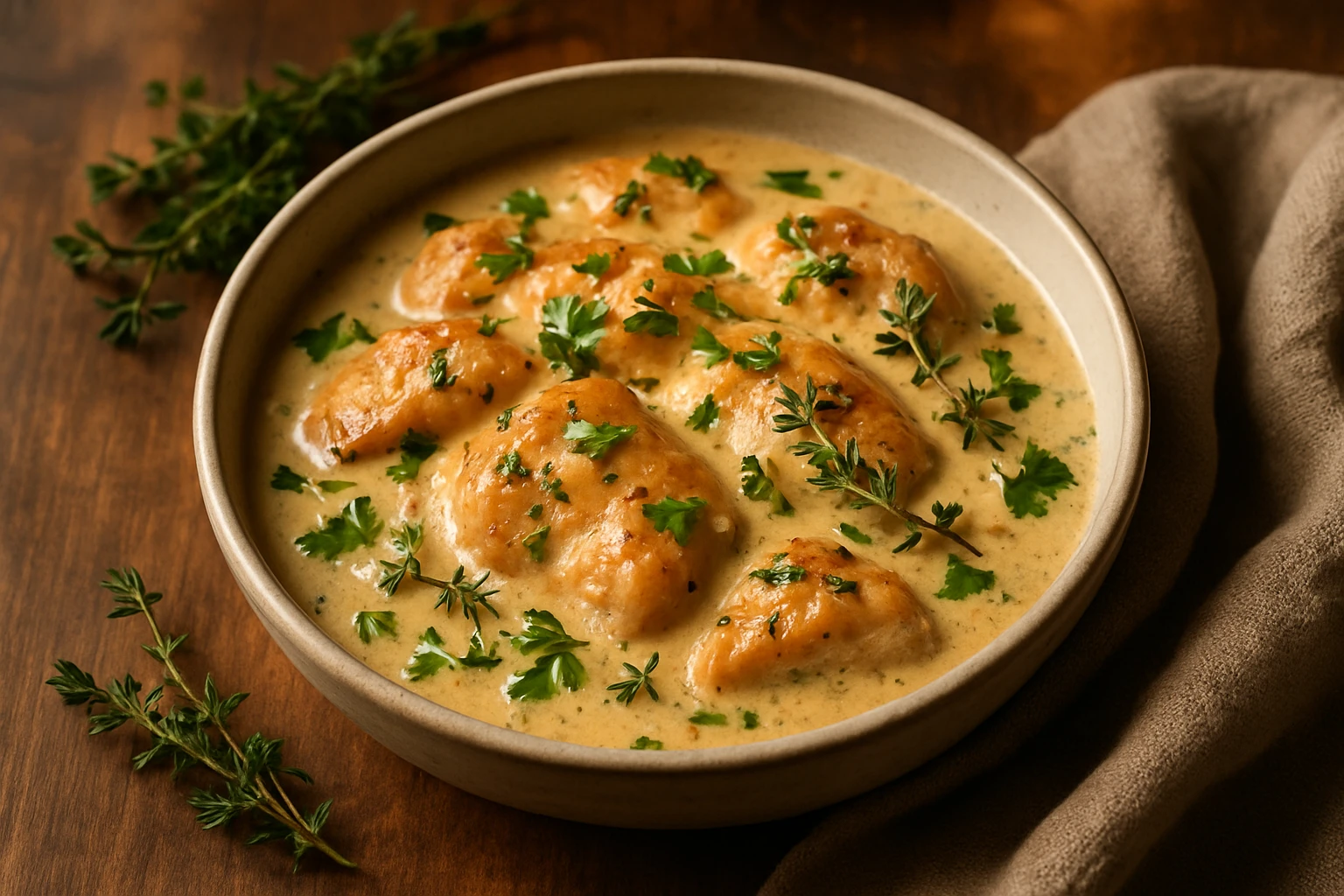 creamy chicken, served in a bowl, garnished with herbs, cozy feel, no text emoji