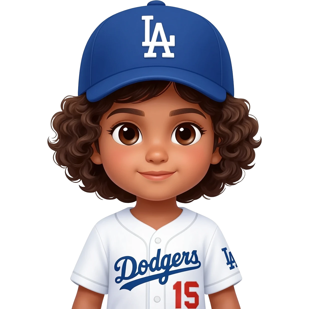 indian toddler girl in a white dodgers uniform with baseball cap curly brown short hair and dark brown eyes emoji
