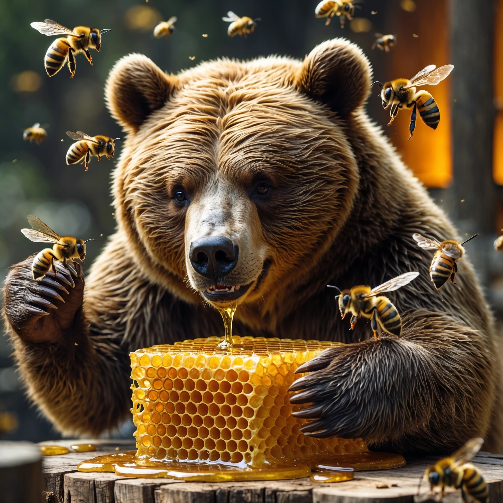 bear eating honeycomb with bees flying around emoji