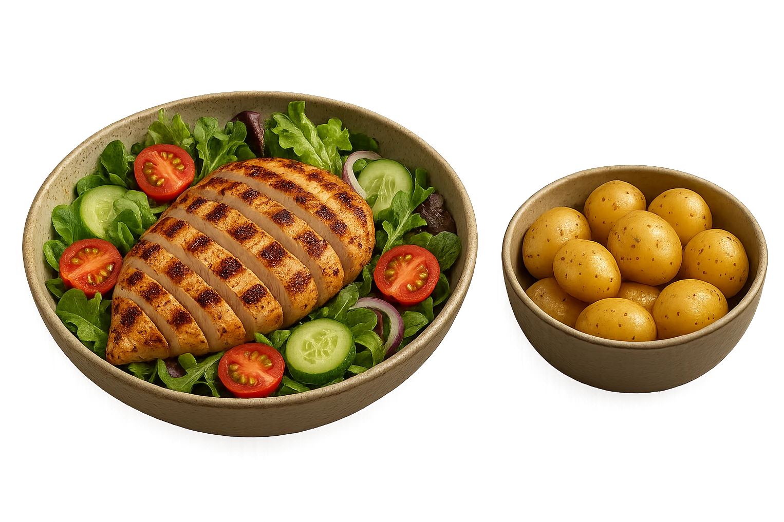 insalate con petto di pollo grigliato e bowl di patate cotte poggiate per terra, iperrealistico 4k emoji