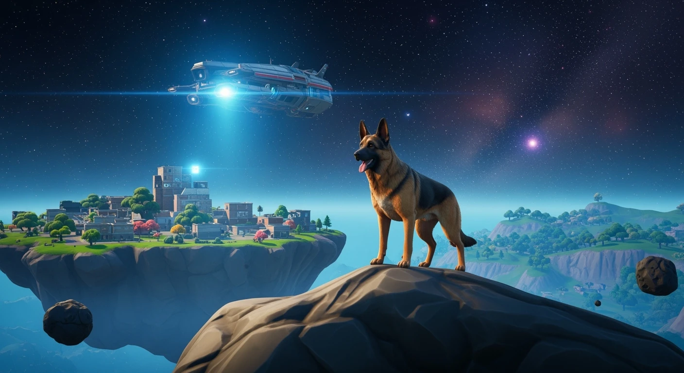Cinematic still of a dog in fortnite game world in space emoji