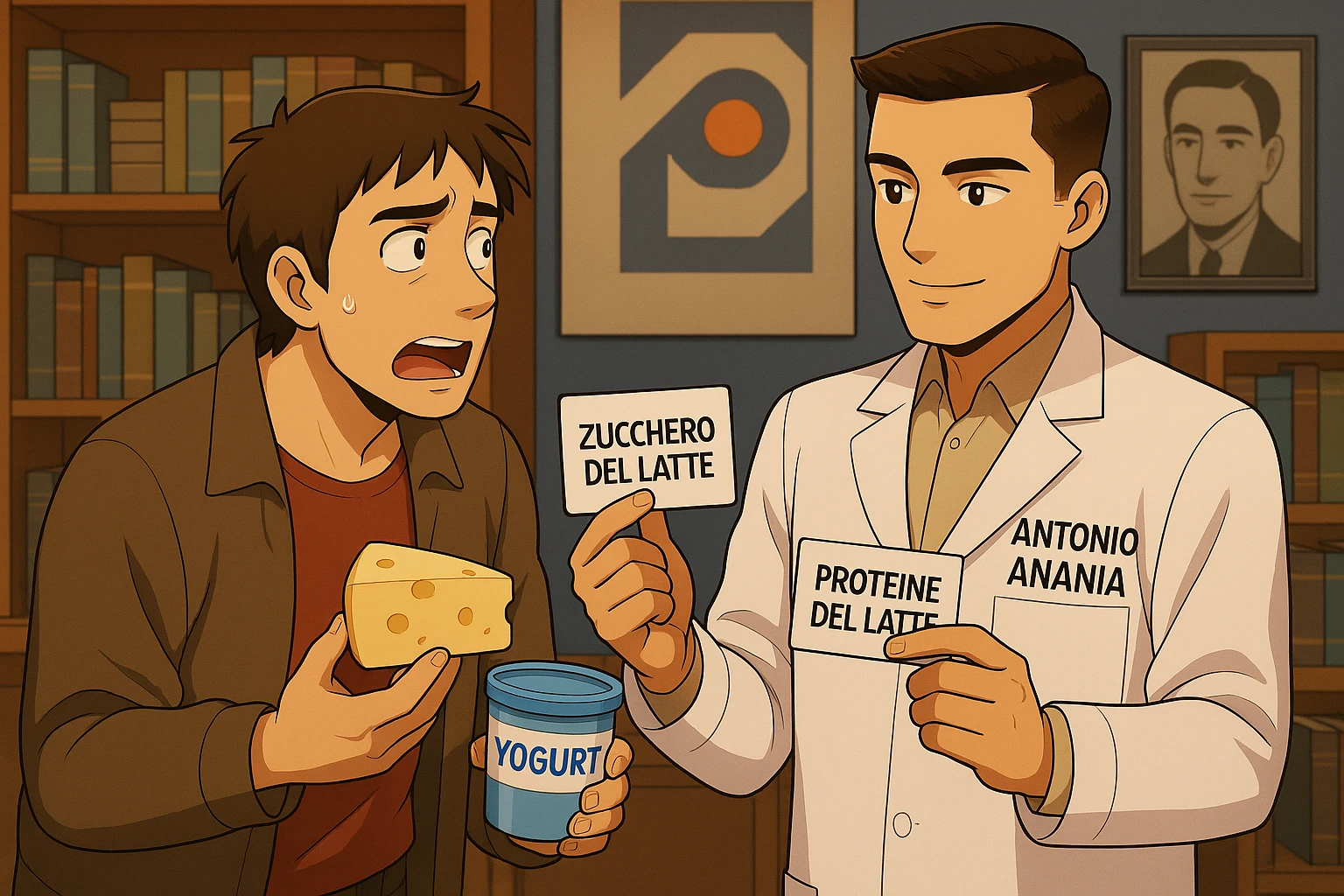 fai un webtoon manga a colori con questo stile, in cui un uomo fa una domanda al kinesiologo con il camice bianco (fagli anche la scritta "ANTONIO ANANIA" SUL CAMICE, l'uomo chiede una cosa mostrando un formaggio e uno yogurt al kinesiologo con il camice, IL KINESIOLOGO annuisce e SPIEGA ALL'UOMO UNA cos. L'UOMO ha un ESPRESSIONE CONFUSA IN VOLTO. non fare i fumetti però, fai solo in modo che sembri stiano parlando emoji