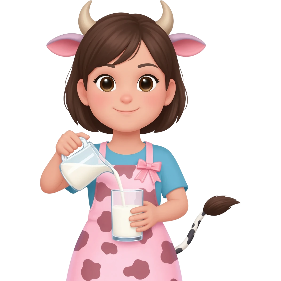 pretty girl with cow horns and cow ears and cow tail in cute apron with pink cow print and ribbons pours milk emoji