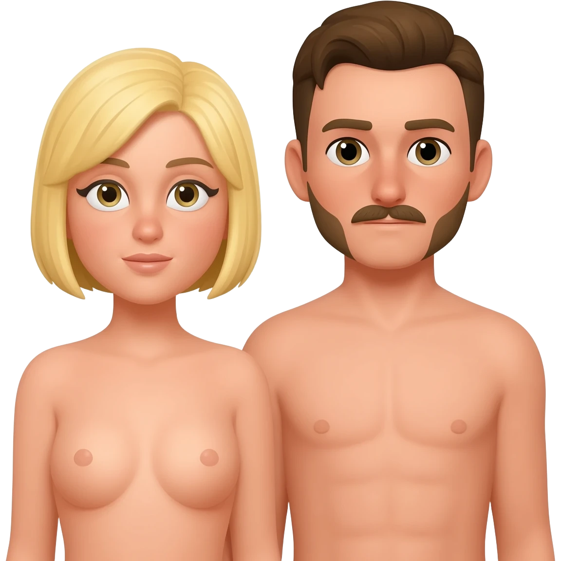 Naakt stel, zij blond bob line, hij donkerblond met snor en sik, helemaal op het plaatje emoji