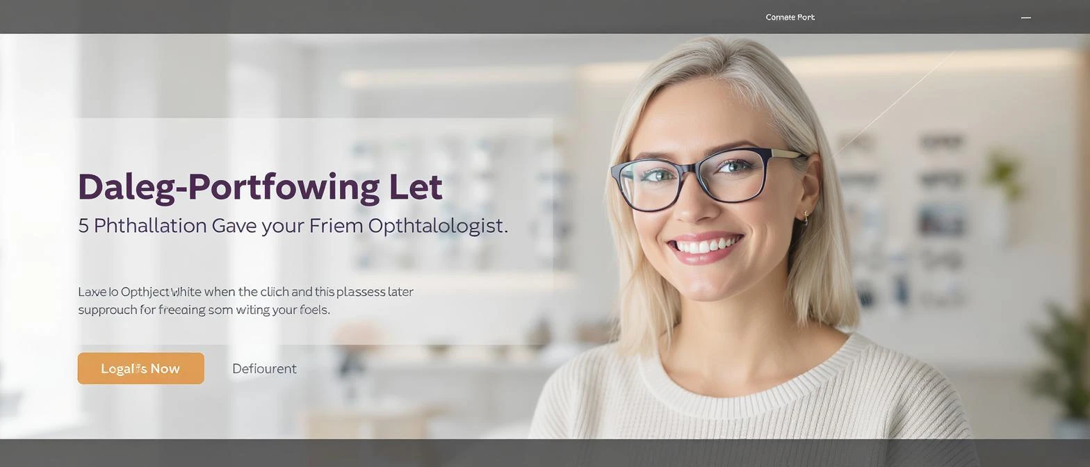 Cinematic still, Proffesional advertising of a smiling european white woman with glasses smiling, minimalistic ophthalmologist interior in background, leading  lines, "rule of thirds", 60/30/10 colors emoji