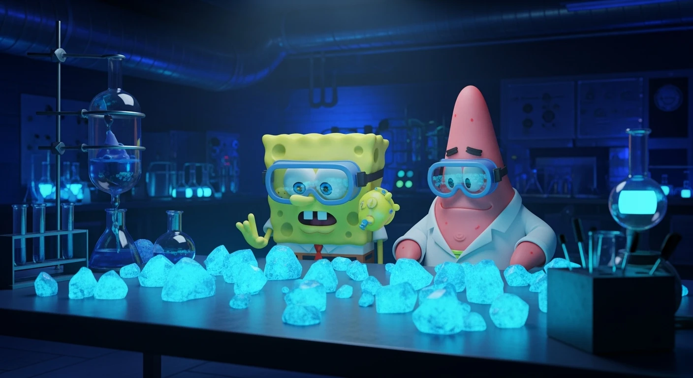 3D cienmatic cartoon shot, spongebob and patric dress in safety glasses and safe white outfit, the are standing front of table with blue crystals on table glowing (light source) science room in basement, back light, Cinema 4d render, proffesional lightning, blue colors emoji