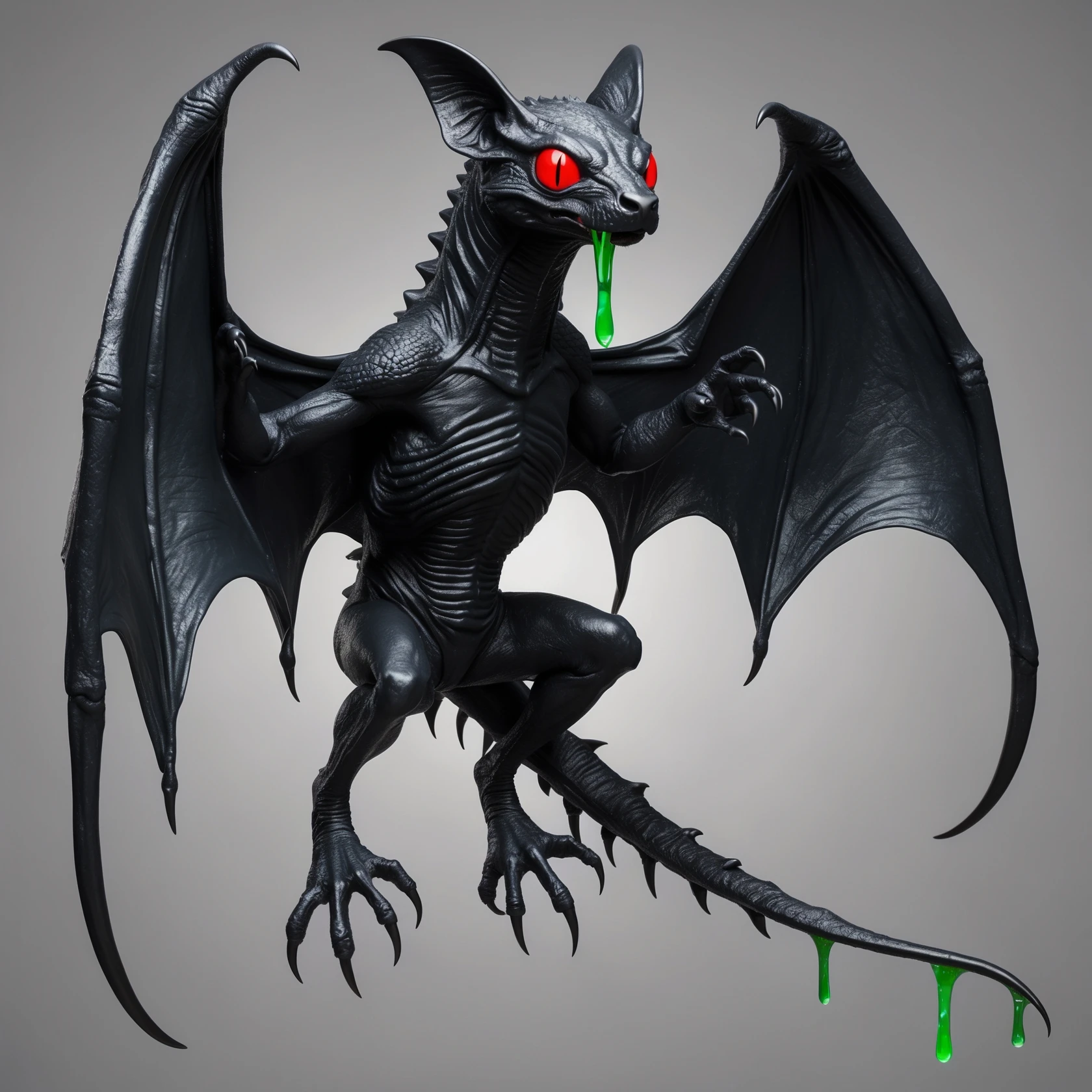an all black reptilian bat-like creature. One cyclopian red eye in its face. no visible mouth or ears. 2 hind legs with claws. has a long tale with a stinger that drips green poison. no ears. no horns. no arms. visible bone-like stinger at end of tail emoji