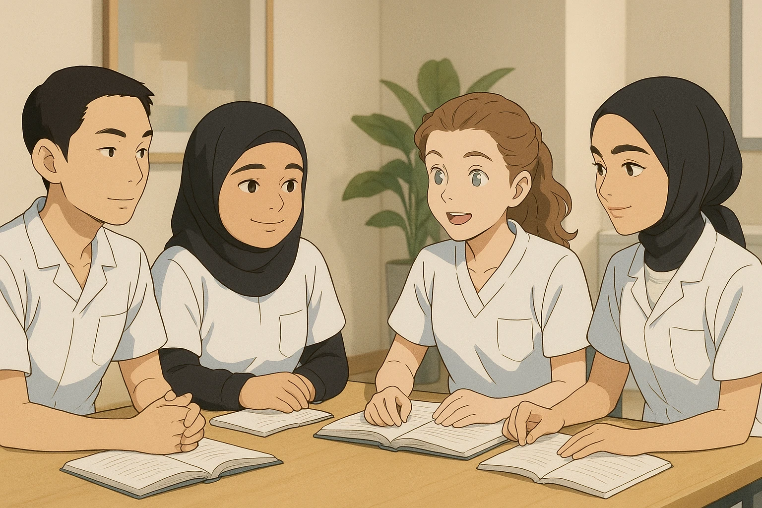 Four nursing students inspired by the photos, in Ghibli style, interacting around a table, wearing short-sleeved white uniforms with V-neck medical tunics, left chest pocket, no collar stand, no stethoscopes, bare forearms, long hair tied back for those who have it. Modern and minimalist indoor decor. emoji