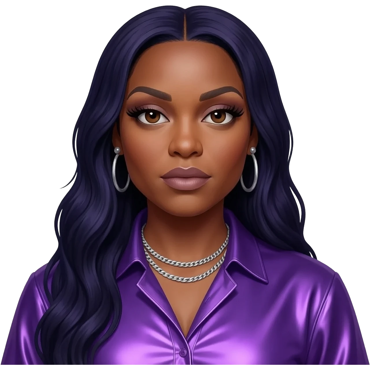 Missy Elliott with dark brown eyes, long dark indigo hair, purple metallic shirt, silver necklace with earrings emoji